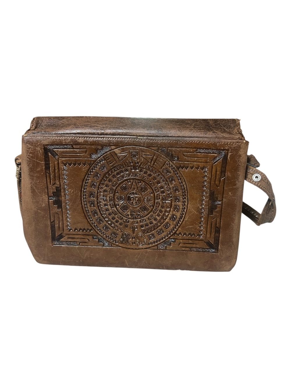 Vintage Mexican Tooled Leather Eagle Aztec Calendar Crossbody Bag Purse - Picture 3 of 14